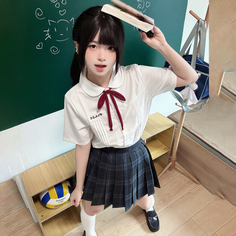 Hua Qianzhu Original Xiaoze Zhong Shirt College Style White Blue Short Sleeve Jk Uniform Embroidered Versatile Top