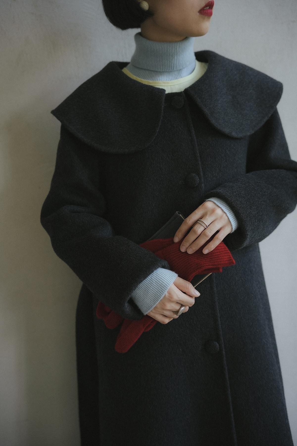 グレー 70%ウール セーラーカラー ウールダブルフェイスコート 秋冬