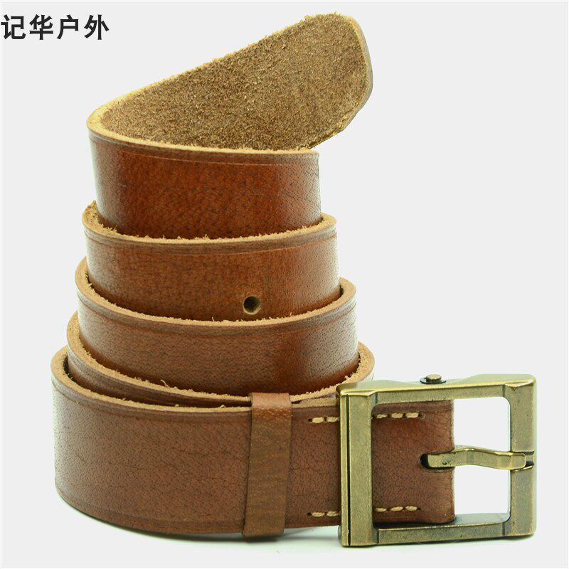 Copper buckle head layer cowbelt hand stitching leather lengthened thick coarse mine men retro Joker pants belt custom-made