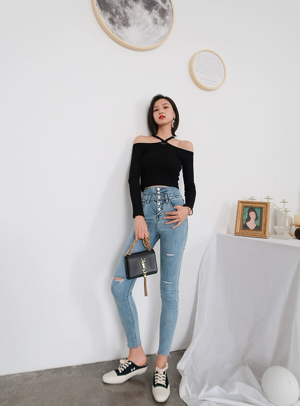 Mùa xuân và mùa hè Hàn Quốc bó sát phần mỏng bó ngực co giãn quần denim nữ mỏng là quần bút chì chân mỏng - Quần jean