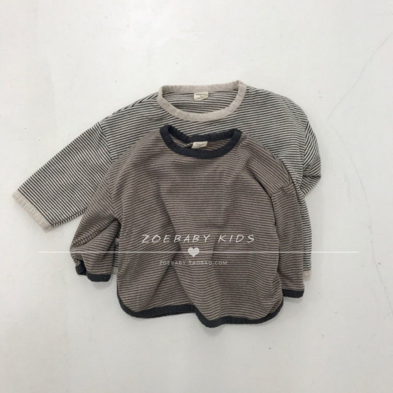 Zoebaby Korean children's clothing, men's and women's treasures, soft, Western style, comfortable striped bottoming T-shirts, spring and autumn ins