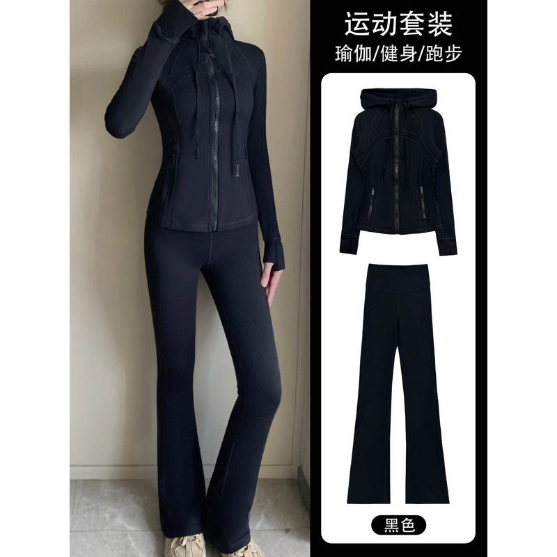 Lulu-Style Hooded Stand-Collar Yoga Set Defin Women's Sports Brushed Top Elastic Quick-Dry Flared Pants