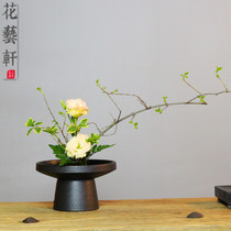 Ceramic high-legged fruit plate flower arrangement basin Hand-made black pottery vase New Chinese Oriental Zen flower vase Road Hydroponic basin ornaments