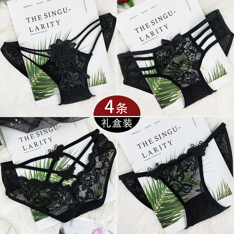 4 dress Spice Briefs Feminine Sensation Hot Lace Low Waist Ultra-thin Transparent Seductive Triangle Pants Pure Cotton Crotch Big Size L