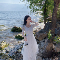 Plum cooked with artistic bubble cuff crochet lace lace lace dress with new French style temperament collection waist long dress summer