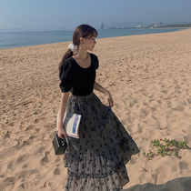 Plum cooked literary retro flowers Jacquard half-length dress women Autumn high waist thin wooden ear a-shaped skirt