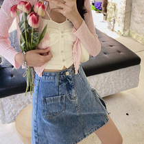 Plum cooked with fashion high-waist denim semi-body skirt side open fork upfront and thin A-word dress 2022 spring new