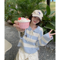 Plum cooked with teenage girls soft girl POLO collar striped needling cardigan undershirt 2022 Early autumn long sleeves