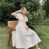 Plum cooked literary jacquard high feel bubble sleeve V collar dress female medium long high waist thin A- line dress