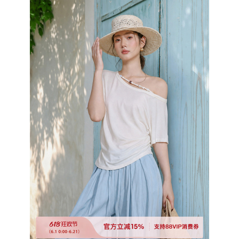 Plums Are Ripe, the "Mint Shirt" Tencel Merino Wool Asymmetrical Shoulder T-Shirt for Women, Pleated, Slimming, Relaxed Fit, Short Sleeves