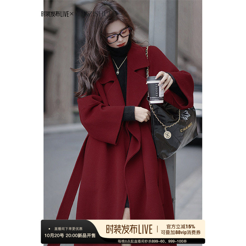 Plums Are Ripe, the "Downton Coat" Cashmere & Wool Coat, Winter Red Long Lapel Woolen Coat for Women