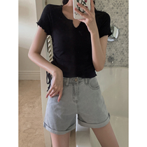 Plum cooked Joker comfortable drawstring short sleeve top female 2021 autumn new design feel slim T-shirt