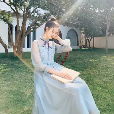 (Straight Down area) literary fresh embroidery lace fairy dress high waist French romantic mesh long skirt