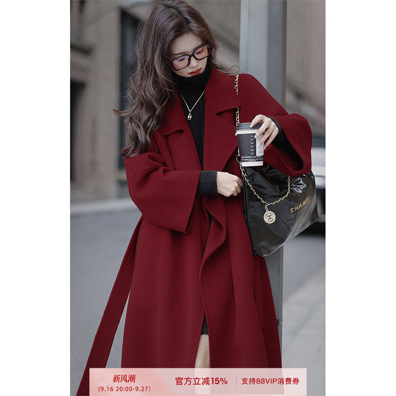 Plums Are Ripe, the "Downton Coat" Cashmere & Wool Coat, Winter Red Long Lapel Woolen Coat for Women