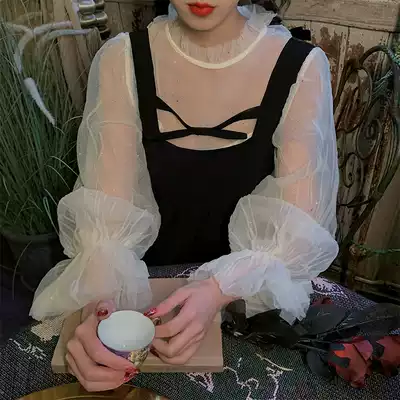 Plum ripe hipster wooden ear pleated net gauze lantern sleeve see-through jacket women with white small sling
