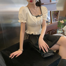 Plum cooked with French style temperament Bubble Cuff Hit color Liandress Agaric Side Girl Short Blouses 2021 new