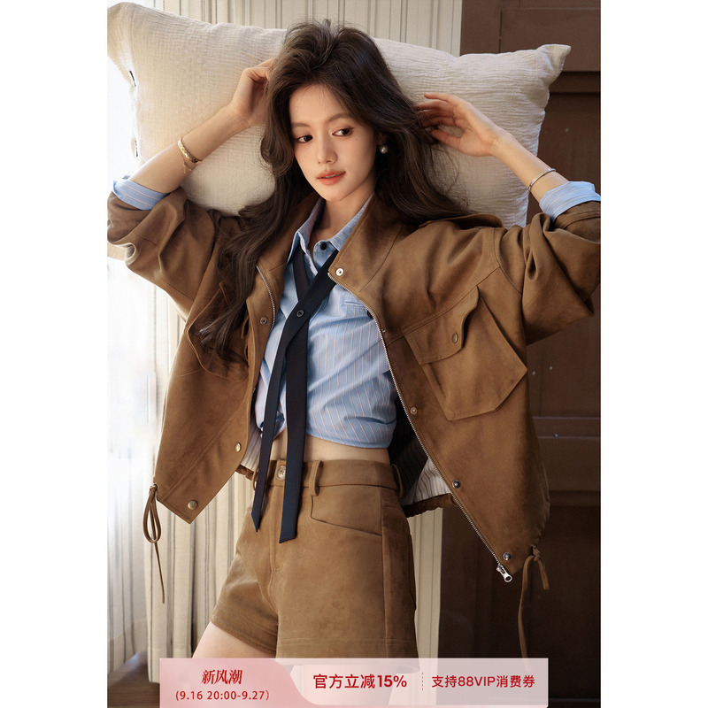 Plums Are Ripe, "Basel" American-Style Special Design Silhouette Short Suede Jacket, Melard Workwear Stand-Up Collar Jacket