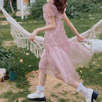 Plum cooked with bubbly sleeves back hollowed-out one-piece dress woman 2021 new reduced age cute cashew princess dresses summer