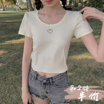 Plum cooked casual Joker love embroidery short sleeve women 2021 early autumn new sweet cute short T-shirt