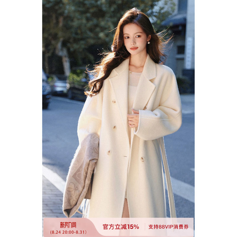 Plums Are Ripe, the Winter White Mid-Length Wool Double-Sided Coat with a High-End Feel for Petite Figures Plums Are Ripe, the Winter White Mid-Length Wool Double-Sided Coat with a High-End Feel for Petite Figures