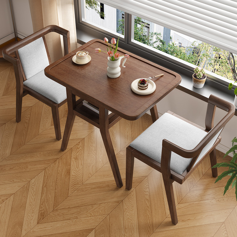 Solid Wood Balcony Table and Chair Set, One Table and Two Chairs, Small Apartment Household Three-Piece Set, Simple Household Small Dining Table for Drinking Tea
