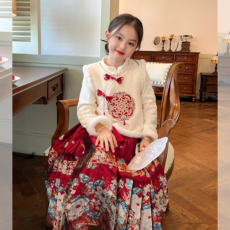 Gardenia Grow Remember Child Clothing Girl China Wind Plus Suede Horse Noodle Skirt Suit Winter Clothing Children to New Year clothes-Taobao