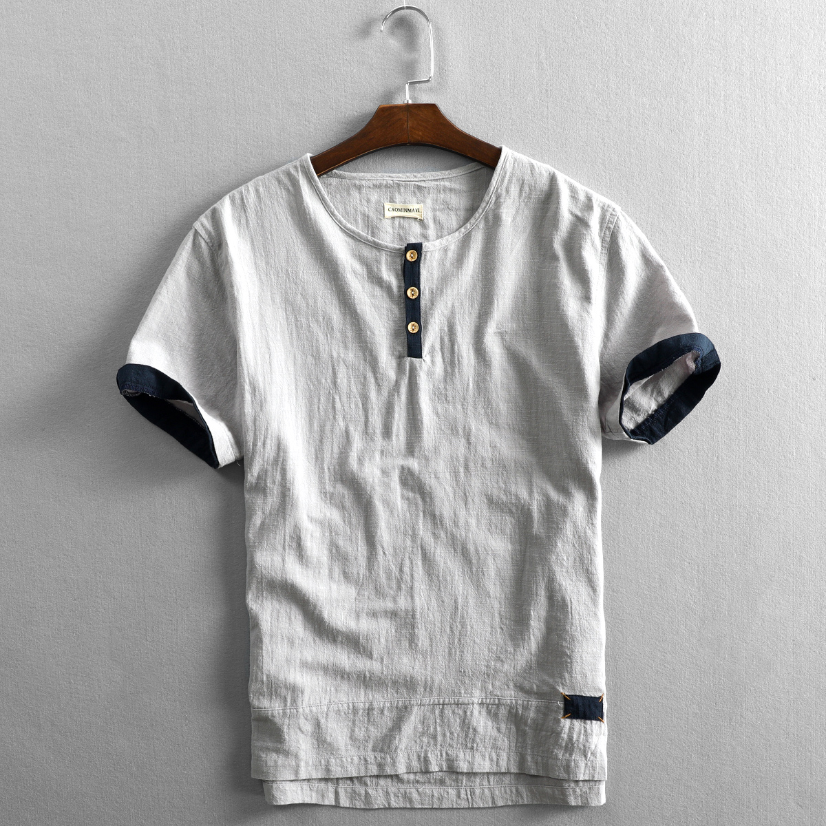 Light Cloud Greysummer man leisure time flax shirt Short sleeve Thin Condom literature Cotton hemp material Retro No collar Chinese style shirt