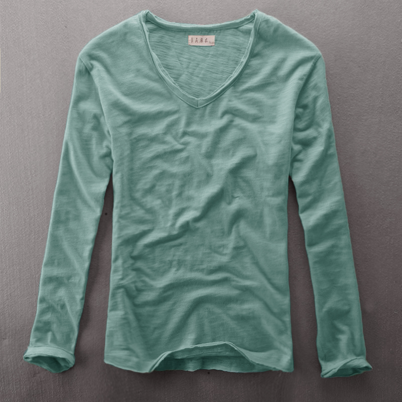Mùa đông 2018 mới nam giản dị áo thun dài tay cotton màu trơn sợi len thoáng khí Slim cổ chữ V đáy mua áo thun nam