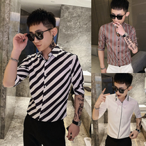 Summer Diagonal Stripes Middle Sleeve Shirt Male Hair Stylist Nightclub 70% Big-size Inch Cardigans half Sleeves Shirt