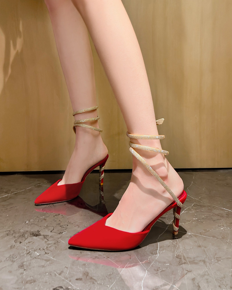 Chen Xiafan round the feet high heel sandal women Rome Sexy pointed fine heel water drill serpentine twine high heels Summer-Taobao