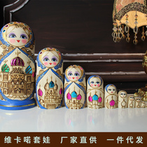 Russian style doll extra large hand-engraved 10-story cute blue building high-grade basswood birthday gift