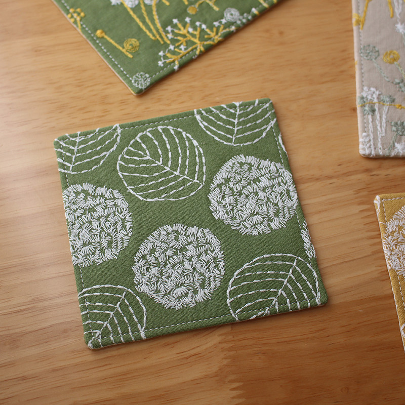 Embroidered cotton linen 10cm square quilted coaster tea mat cute small things