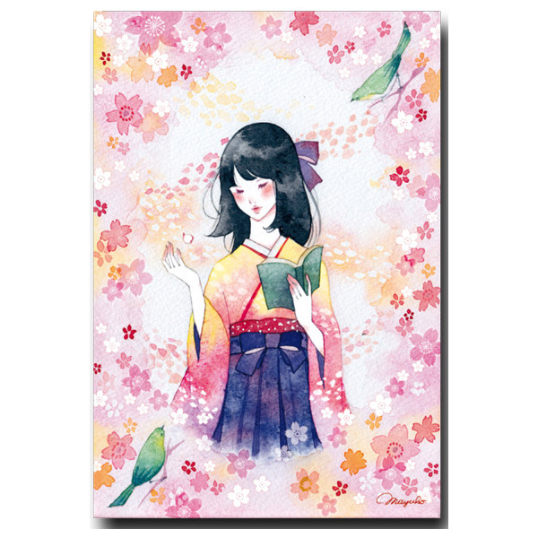 Made in Japan and Doraku, Ogura Mayuko, Japanese-style girl watercolor painting, postcard 