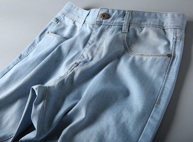 让你舒适的一塌糊涂 夏季浅蓝色水洗微弹牛仔裤 男士直桶牛仔裤男