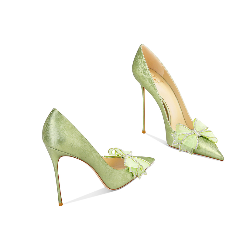 2026 Autumn and Winter New Grass Green Elegant Socialite Dress Pointed Toe Stiletto High Heels for Women