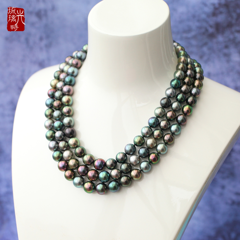 Tahitian Black Pearl Necklace, Natural Seawater Peacock Green Strong Luster Baroque Rainbow Mixed Color Choker Tahitian Black Pearl Necklace, Natural Seawater Peacock Green Strong Luster Baroque Rainbow Mixed Color Choker