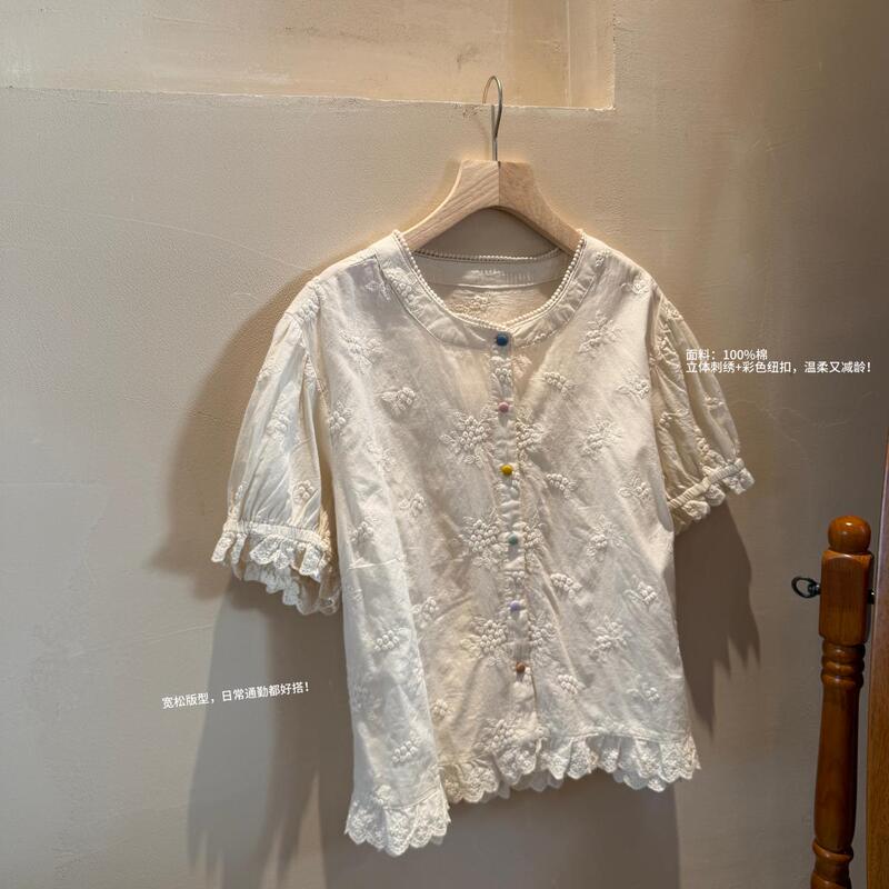 P1479-100 Cotton French-Style Three-Dimensional Embroidery Lace Patchwork Short-Sleeve Shirt Summer Round-Neck Cardigan with Colorful Buttons Top