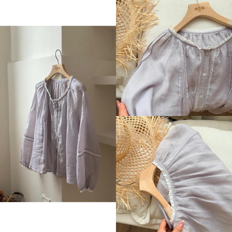 P1336-26 Summer Korean Style 100% Ramie Lace Trim Patchwork ins Trendy Blouse