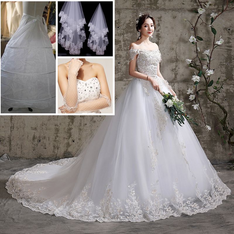  XXL+White 119 Dragon Tail Wedding Dress and 3 -piece Set   + $9.43 