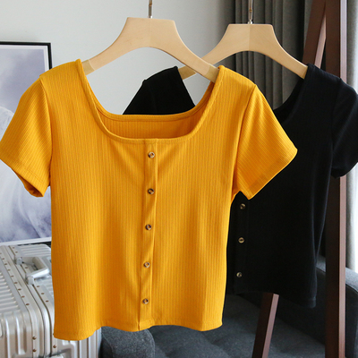 性感大方领T恤女短袖打底小衫内搭短款