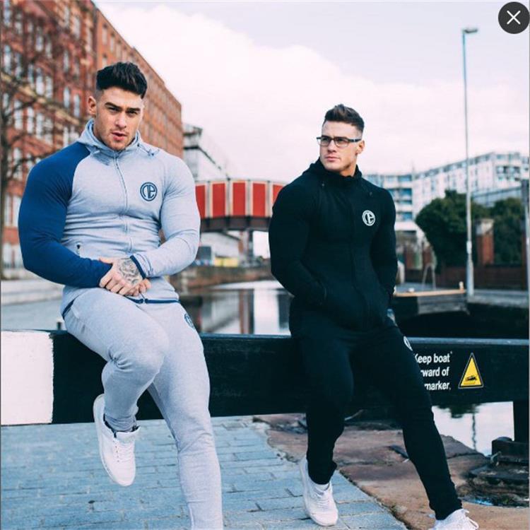 Muscle-type male sibling full cotton close-fitting wearing sweatpants thick cotton T fitness training jacket with cap running insert shoulder cardiovert