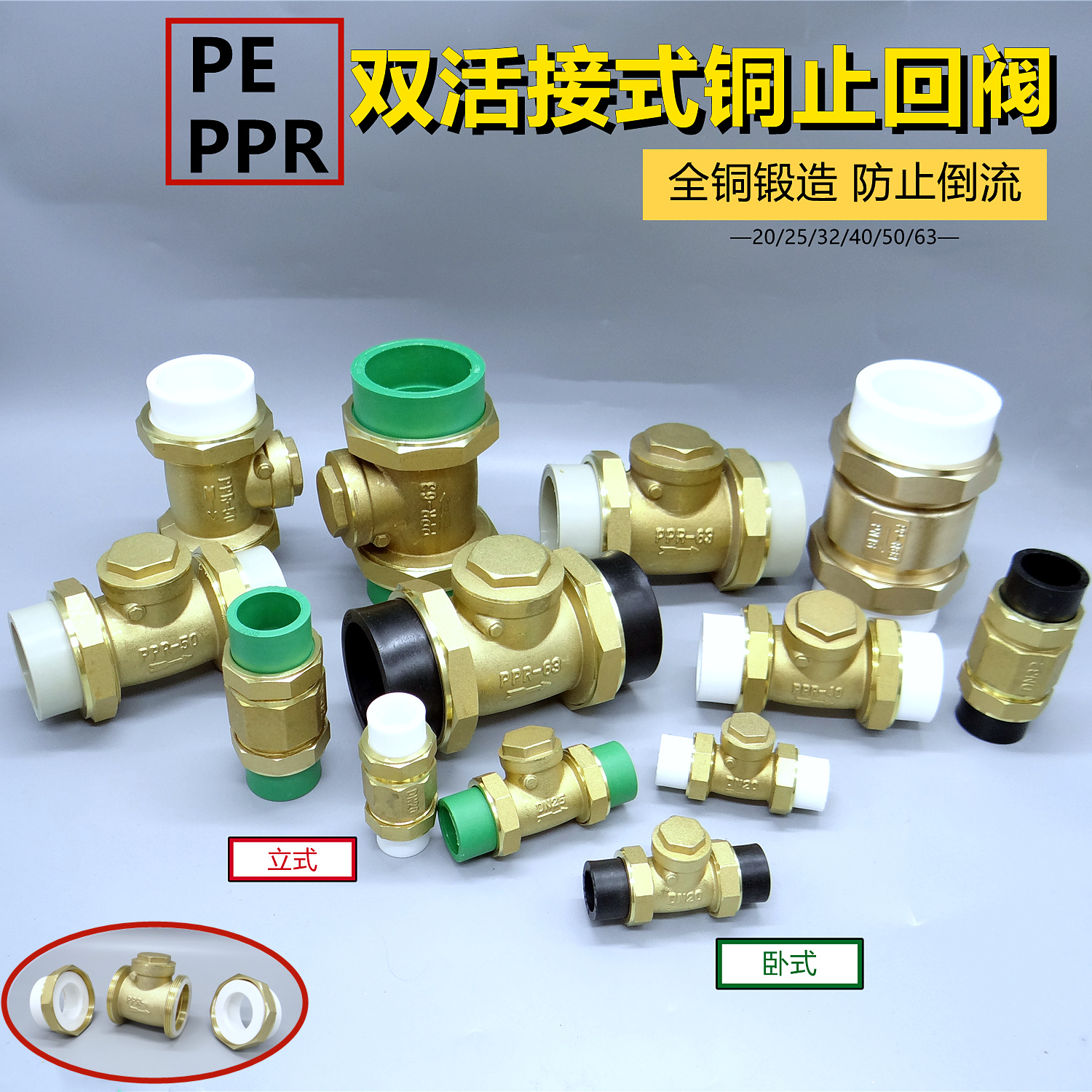 PE brass check valve water meter DN15 20 25 backstop valve 4 6 points PPR horizontal type horizontal backstop valve 63