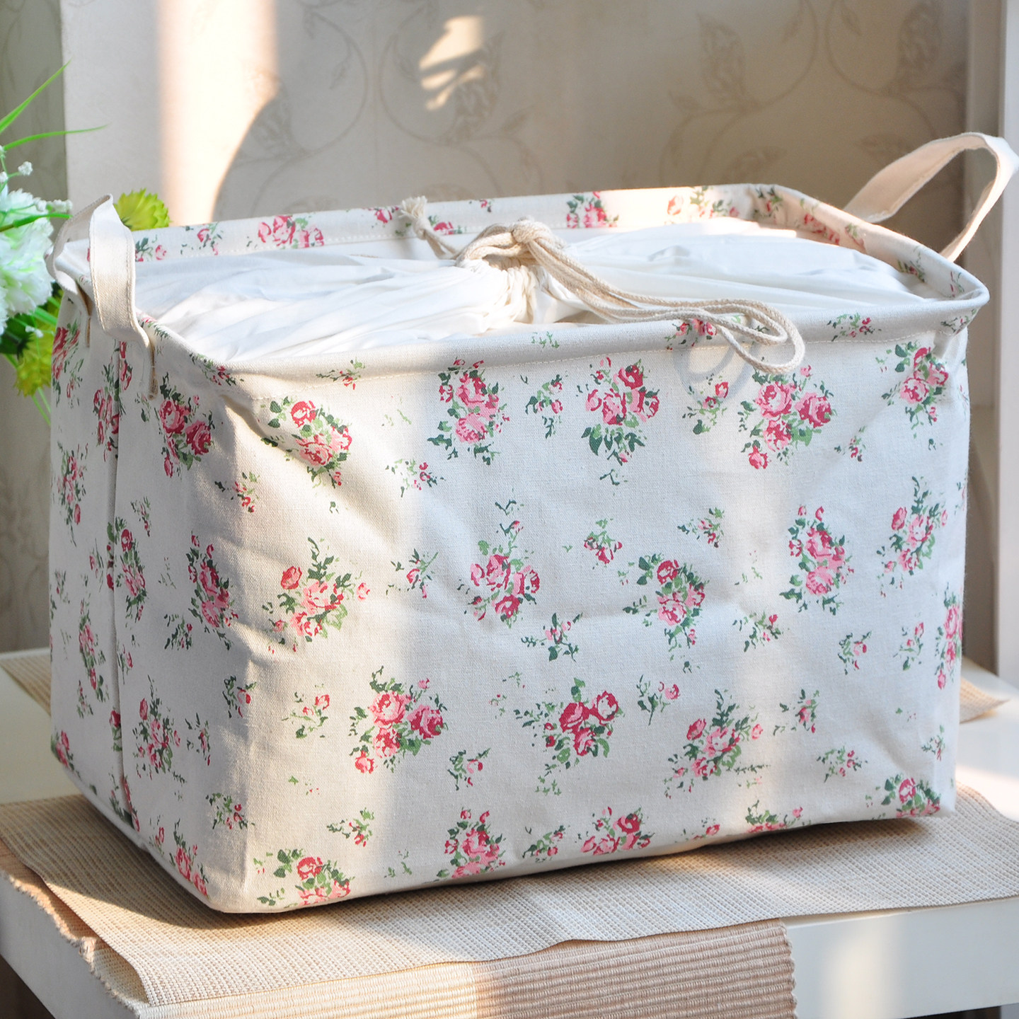 Country-style cotton and linen drawstring storage box, folding box, large clothes storage box, washable.
