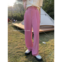 Summer home two buckles of meat to thin high waist pink broad leg straight tube suit pants Sensing thin casual pants