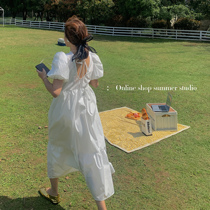 Summer Home Temperament Ladies Bubble Cuff Round Neckline Back Hollowed-out Princess Long Skirt Super Fairy High Waisted Dress Skirt