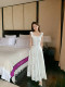 Summer French square collar white suspender sleeveless shirt for women hollow embroidered waist thin top suit summer