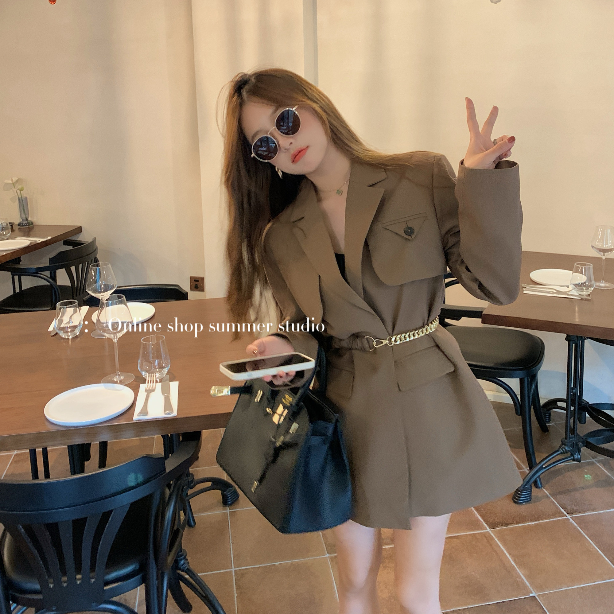 Summer home 2022 early spring and autumn new curry suit jacket female advanced design sense niche chic belt suit