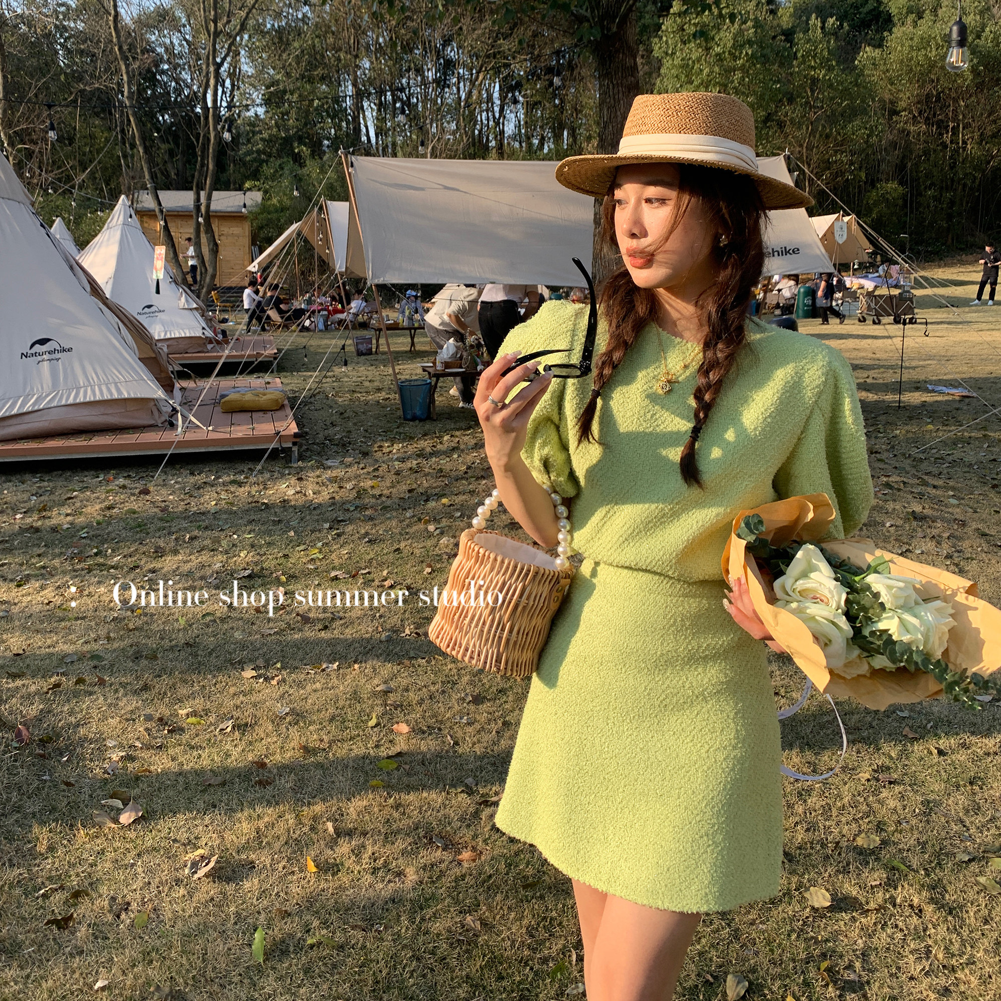 Summer home 2022 Summer new green short sleeves small fragrant wind jacket woman High waist A character half-body skirt short skirt
