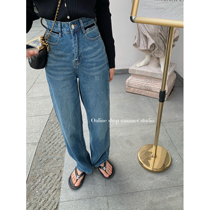 Summer home design sense niche high waist straight wide leg jeans children 2021 Spring and Autumn new dark blue thin