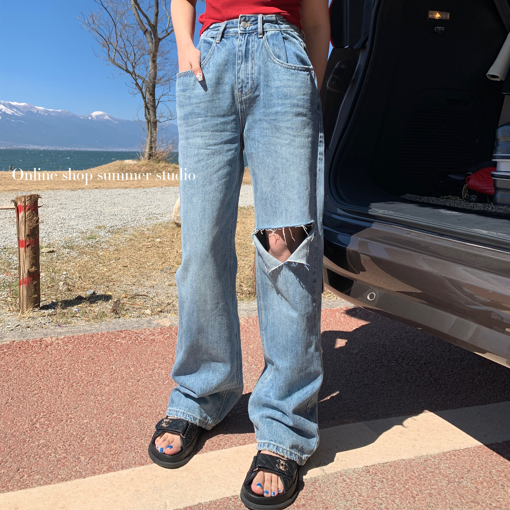 Summer home High waist Broken Hole Design Sensation Small Crowd Easy straight drum Broadlegged Jeans Woman Retro Conspicuously Slim Drag Pants